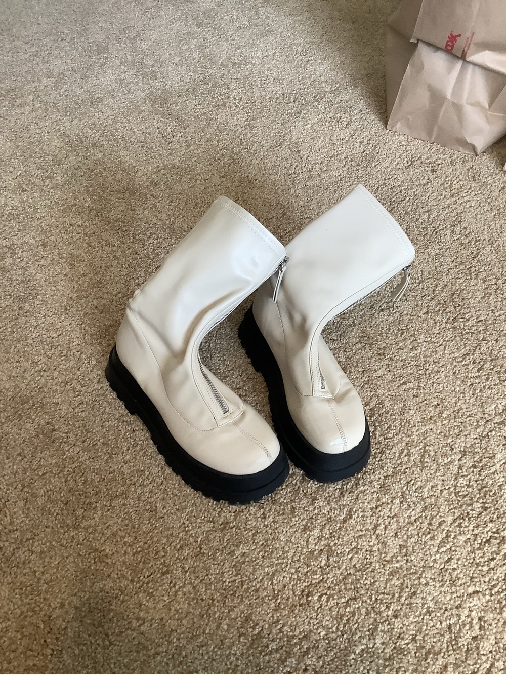 Urban Outfitters Cream Lace-Up Ankle Boots with Black Chunky Sole